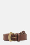 Bruine leren riem van MANGO, versierd met decoratieve borduursels en een verouderde gouden metalen gesp.