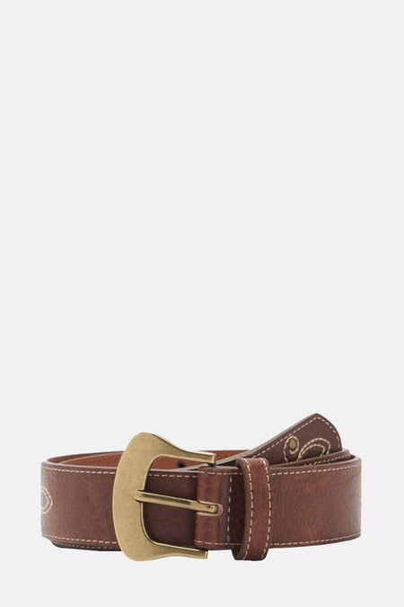Bruine leren riem van MANGO, versierd met decoratieve borduursels en een verouderde gouden metalen gesp.