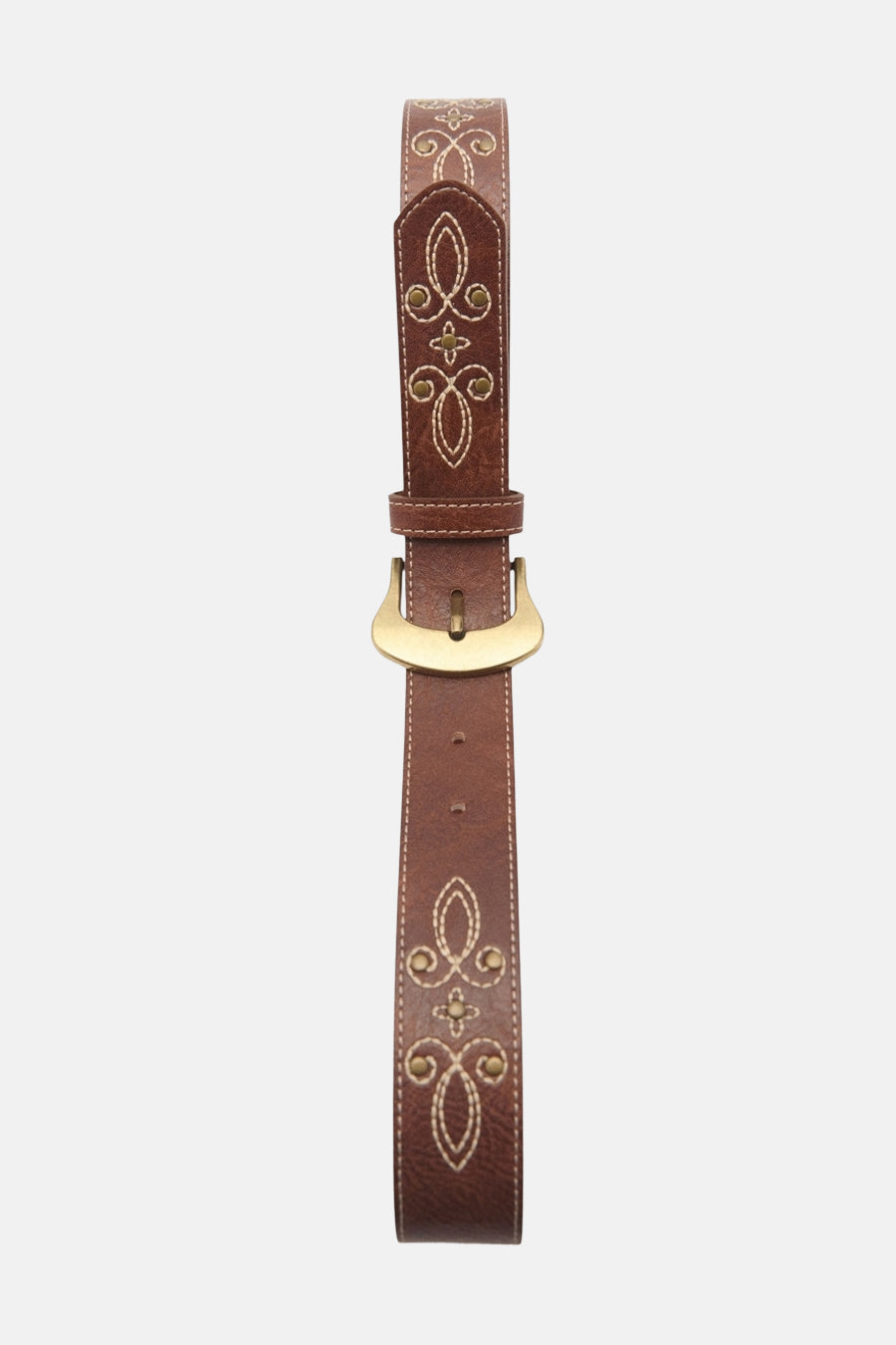 Bruine riem van MANGO met geborduurd patroon en gouden gesp.