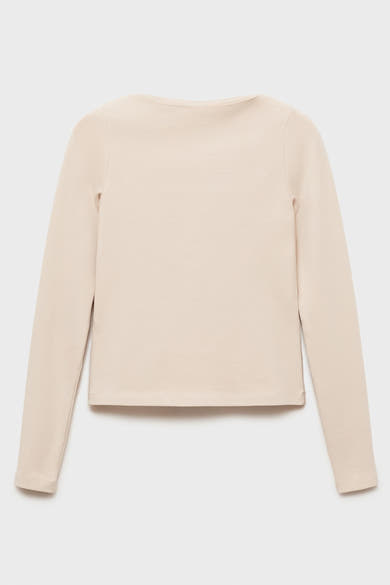 T-shirt beige à manches longues de MANGO, coupe droite et manches ajustées.