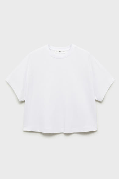 Wit T-shirt met korte mouwen van MANGO, effen, platliggend op een lichte achtergrond.