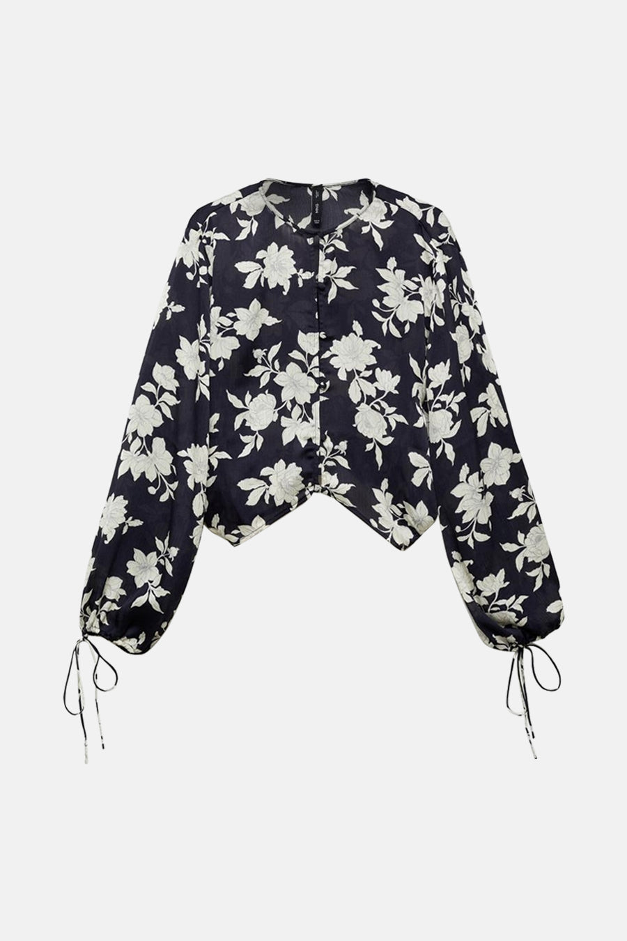 Multikleuren blouse met lange mouwen van MANGO, met bloemenpatroon op een donkere achtergrond, met strikjes aan de manchetten.