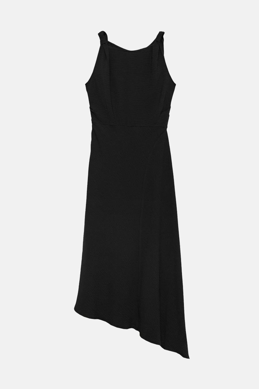 Robe noire de MANGO, coupe asymétrique, à fines bretelles avec détail noué, texture discrète.

