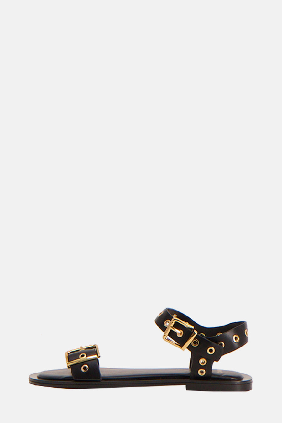 Sandales noires à boucles, par MANGO, avec détails métalliques et lanière de cheville ajustable.