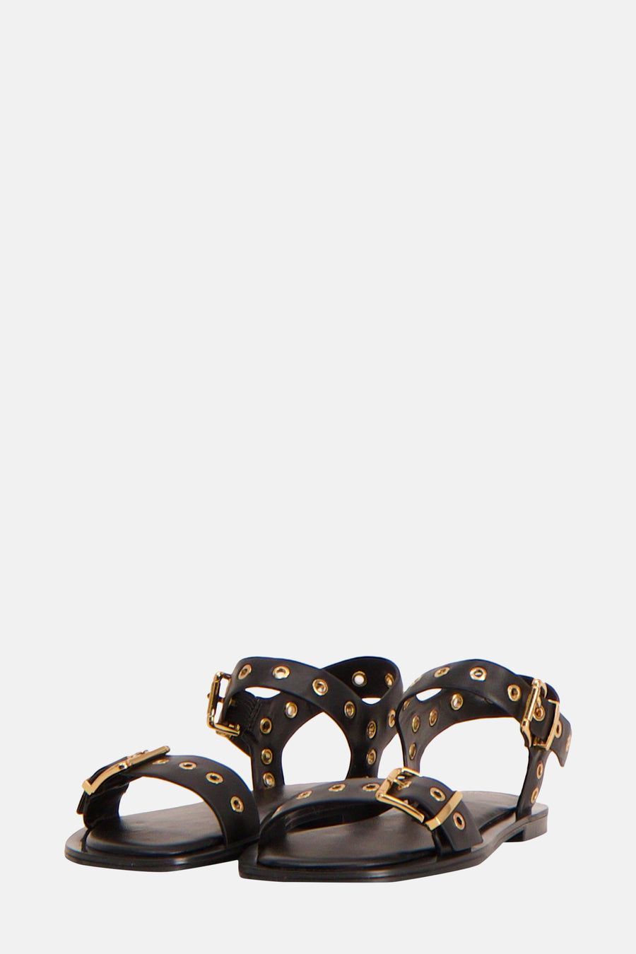 Sandales noires de MANGO avec brides à œillets dorés et boucles réglables.