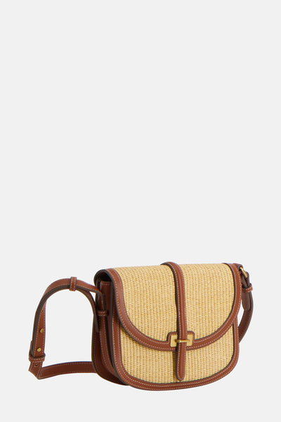 Sac à main brun en paille de MANGO, avec détails en cuir et fermeture à boucle.