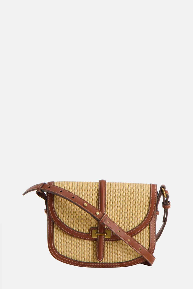 Sac à main brun en paille par MANGO, avec détails en cuir et une bandoulière réglable.