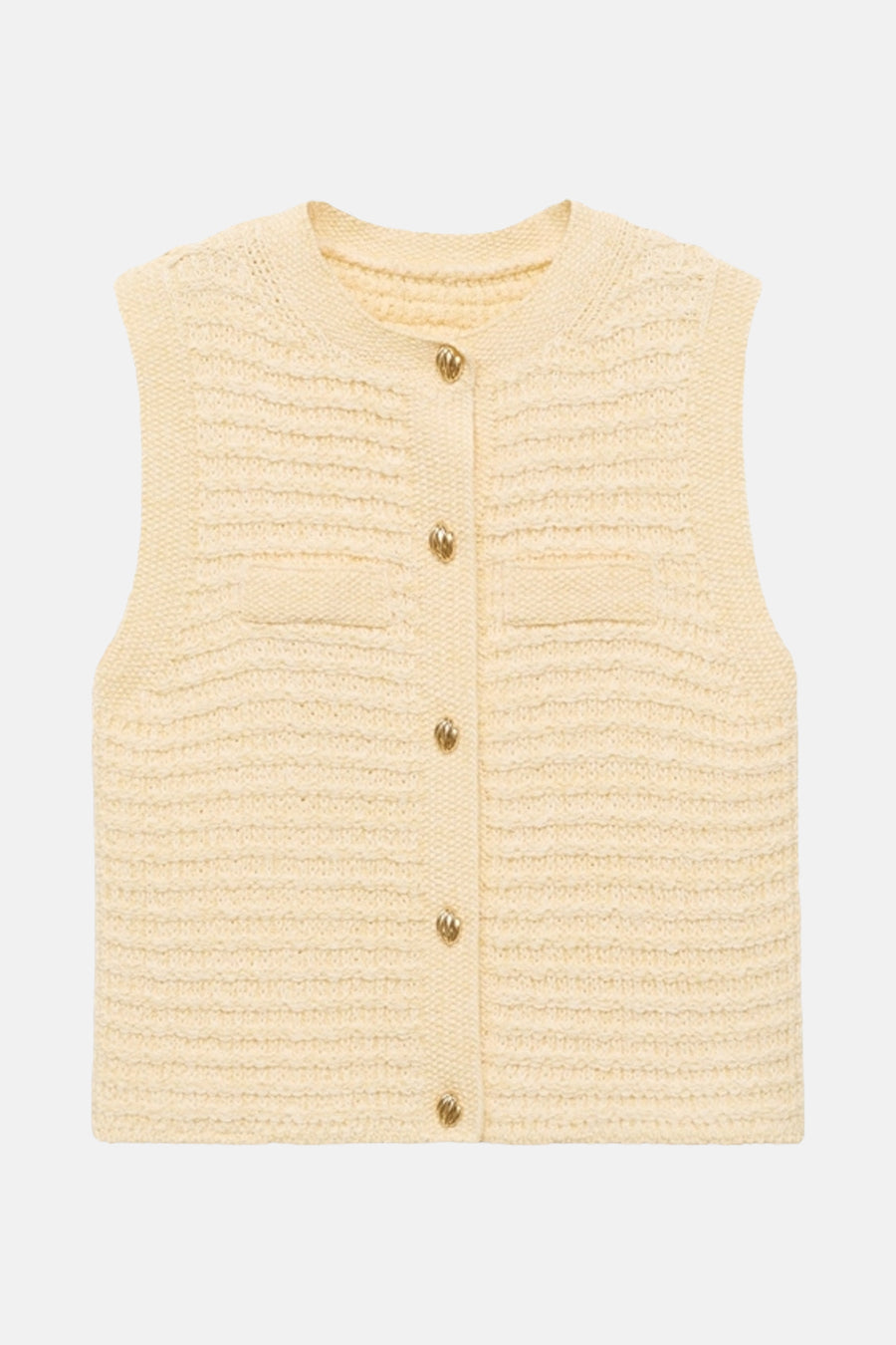 Gilet jaune en tricot de MANGO avec boutons dorés et poches plaquées.
