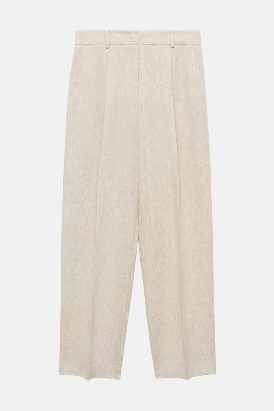 Beige linnen broek van MANGO, wijde pasvorm met plooien aan de voorkant en hoge taille.