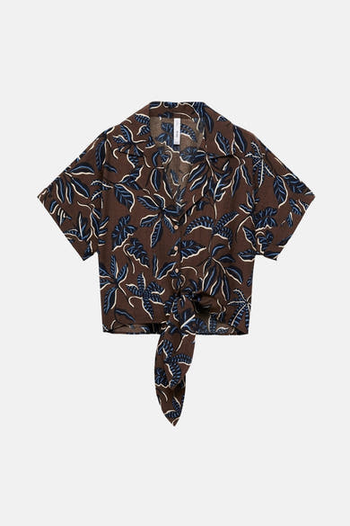 Bruin bloesje met korte mouwen en bloemenprint van MANGO, met strik aan de voorkant.