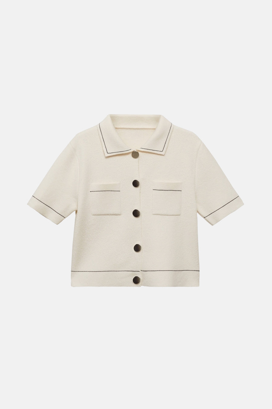Ecru gilet van MANGO, met korte mouwen, opgestikte zakken en contrasterende stiksels.