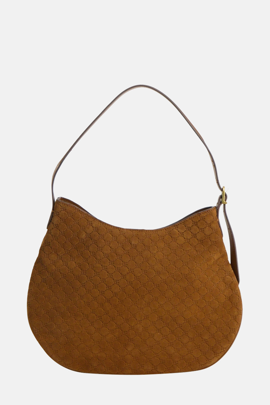 Bruine schoudertas van MANGO, met een ton-sur-ton ruitpatroon en een dunne schouderriem.