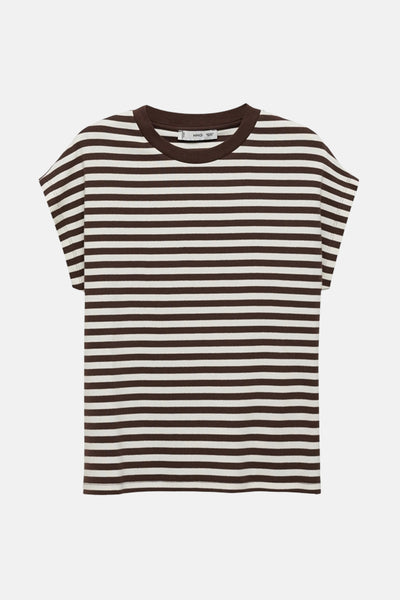Top sans manches marron par MANGO, à rayures horizontales blanches.