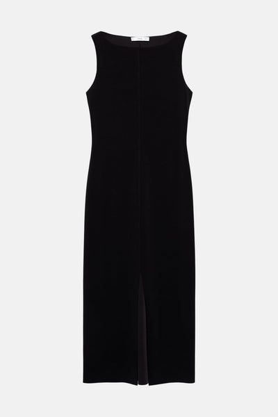 Robe noire moulante de MANGO avec une coupe midi, sans manches et une fente à l'ourlet.