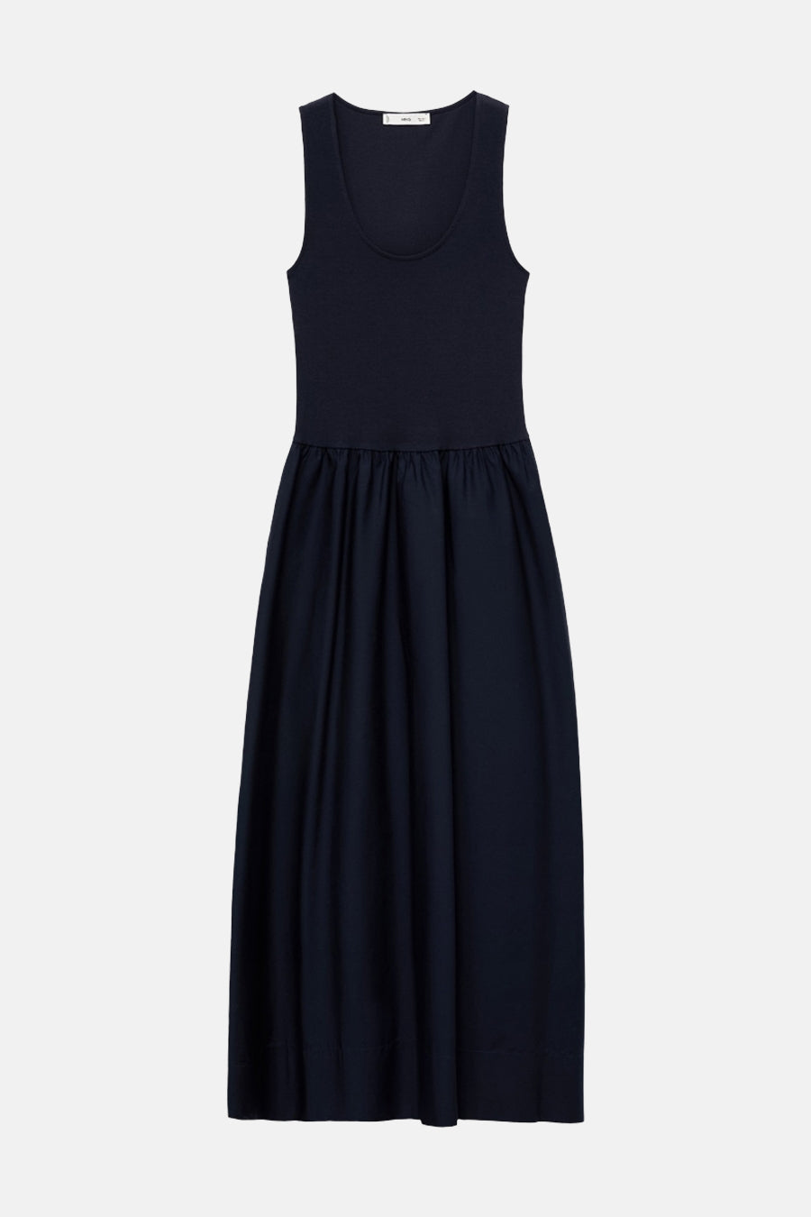 Marineblauwe jurk van MANGO, uitlopende pasvorm met geplooide taille detail.