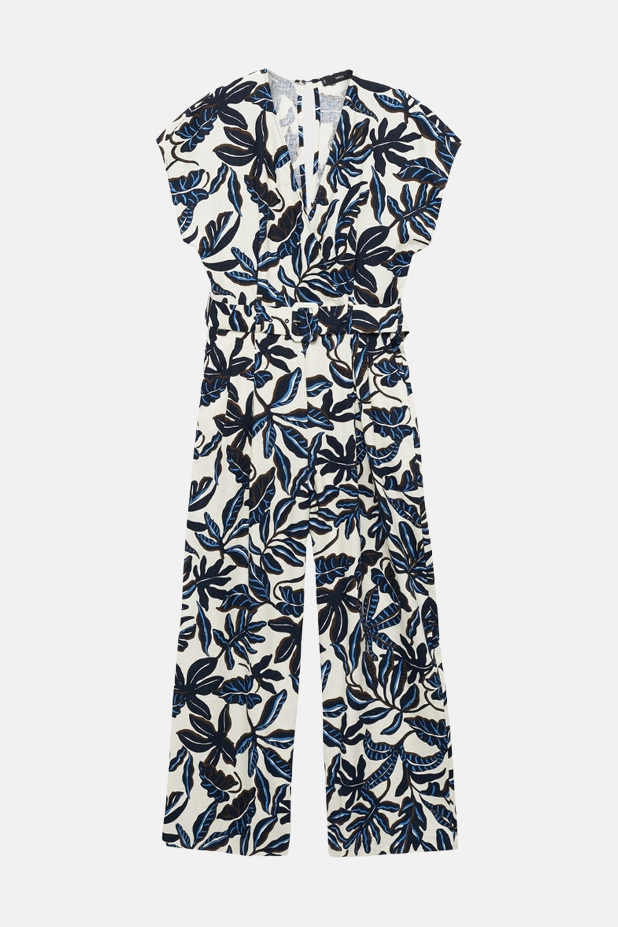 Multikleurig pak van MANGO, bedrukt met blauwe en donkere bladeren, met een gespceintuur.