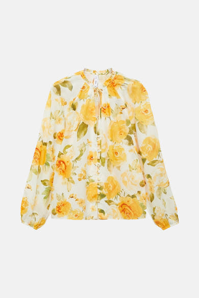 Multikleurig overhemd met lange mouwen van MANGO, met geel en groen bloemenpatroon.