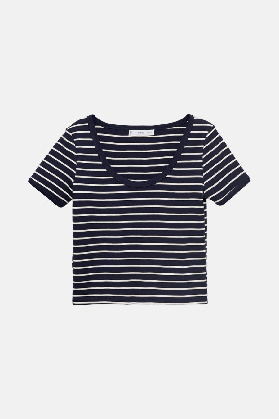 Marineblauwe T-shirt met korte mouwen en witte strepen van MANGO, met een ronde hals.