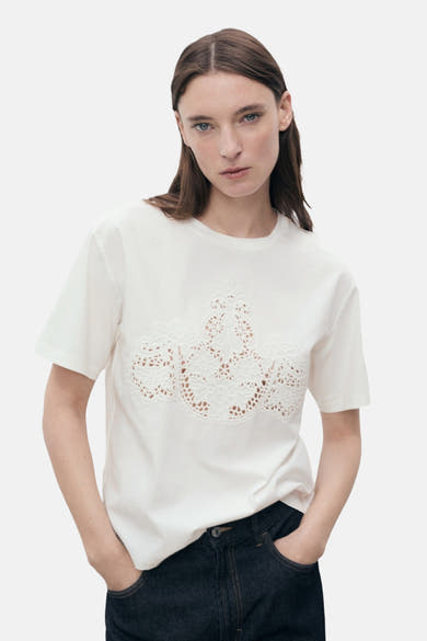 Wit T-shirt met korte mouwen van MANGO, met doorzichtig kanten detail aan de voorkant.