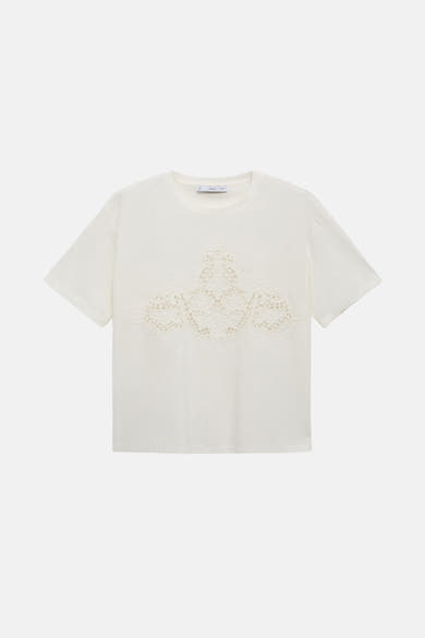 Wit T-shirt met korte mouwen van MANGO, met kanten versiering aan de voorkant.