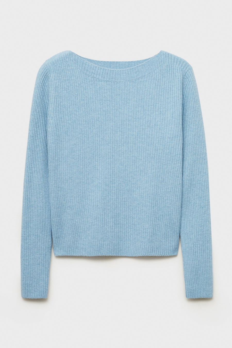 Ronde hals trui blauw van MANGO, in ribgebreid, op een witte achtergrond.