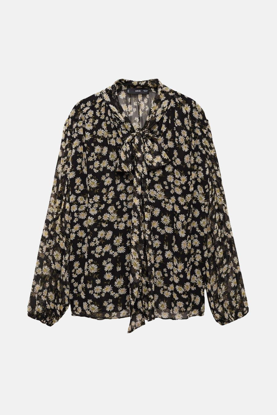 Zwarte blouse met lange mouwen van MANGO, madeliefjesprint met strik bij de hals.