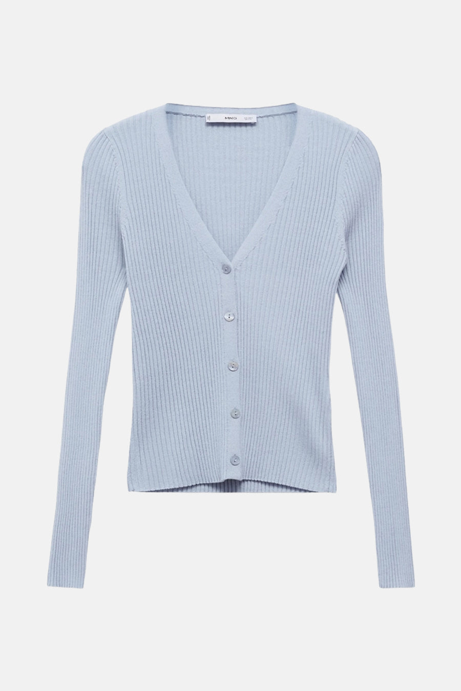 Blauwe geribbelde gebreide cardigan van MANGO, met een V-hals en een knoopsluiting aan de voorkant.