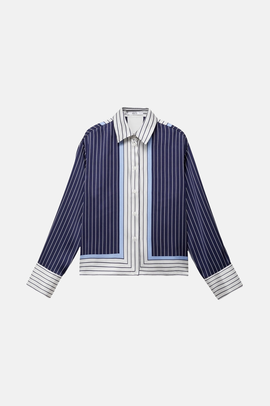 Blauwe blouse met lange mouwen en verticale strepen van MANGO, met grafische details aan de onderkant en mouwen.