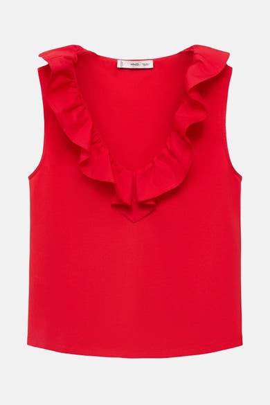 Rood mouwloos topje van MANGO, met een V-hals versierd met ruches.