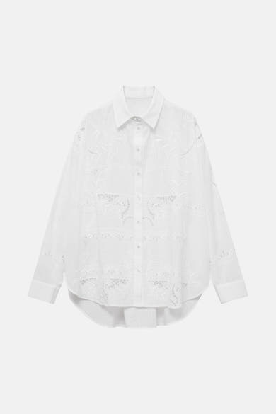Wit overhemd met lange mouwen van MANGO, met all-over bloemenkanten details.