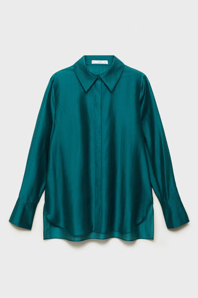 Turquoise overhemd met lange mouwen van MANGO, met een klassieke kraag en een rechte pasvorm.