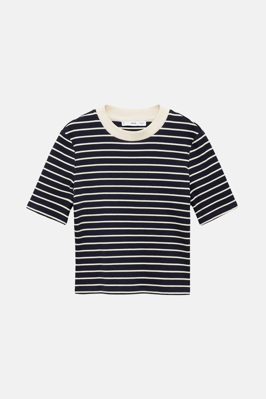 Blauw T-shirt met korte mouwen van MANGO, witte horizontale strepen, contrasterende beige ronde hals.