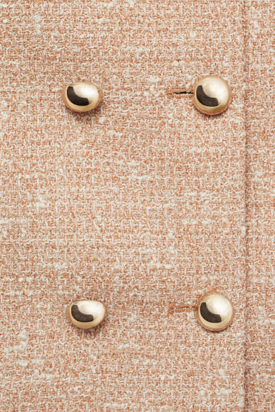 Beige tweed blazer van MANGO met gouden knopen en geweven patroontextuur.