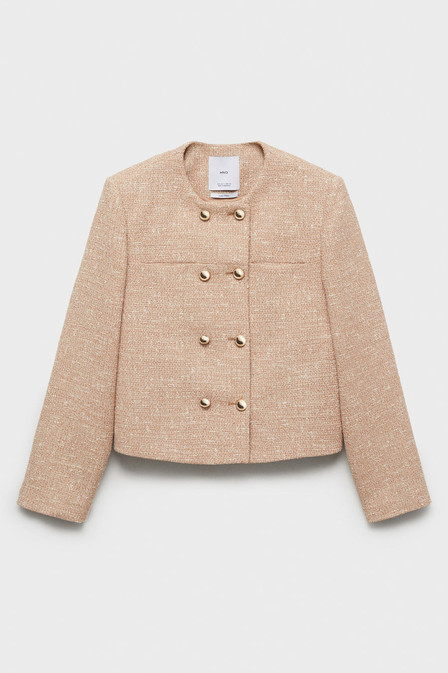 Beige tweed blazer van MANGO met gouden knopen en korte pasvorm.