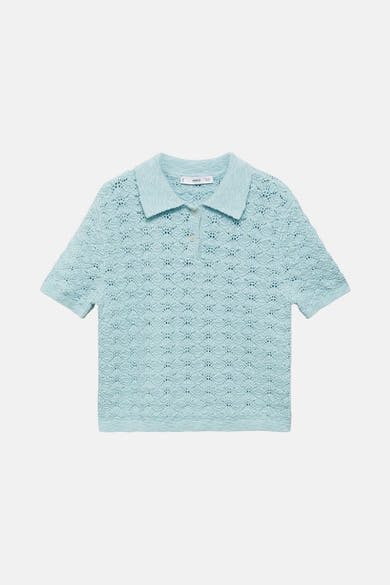 Polo bleu à manches courtes de MANGO, motif ajouré et texturé.