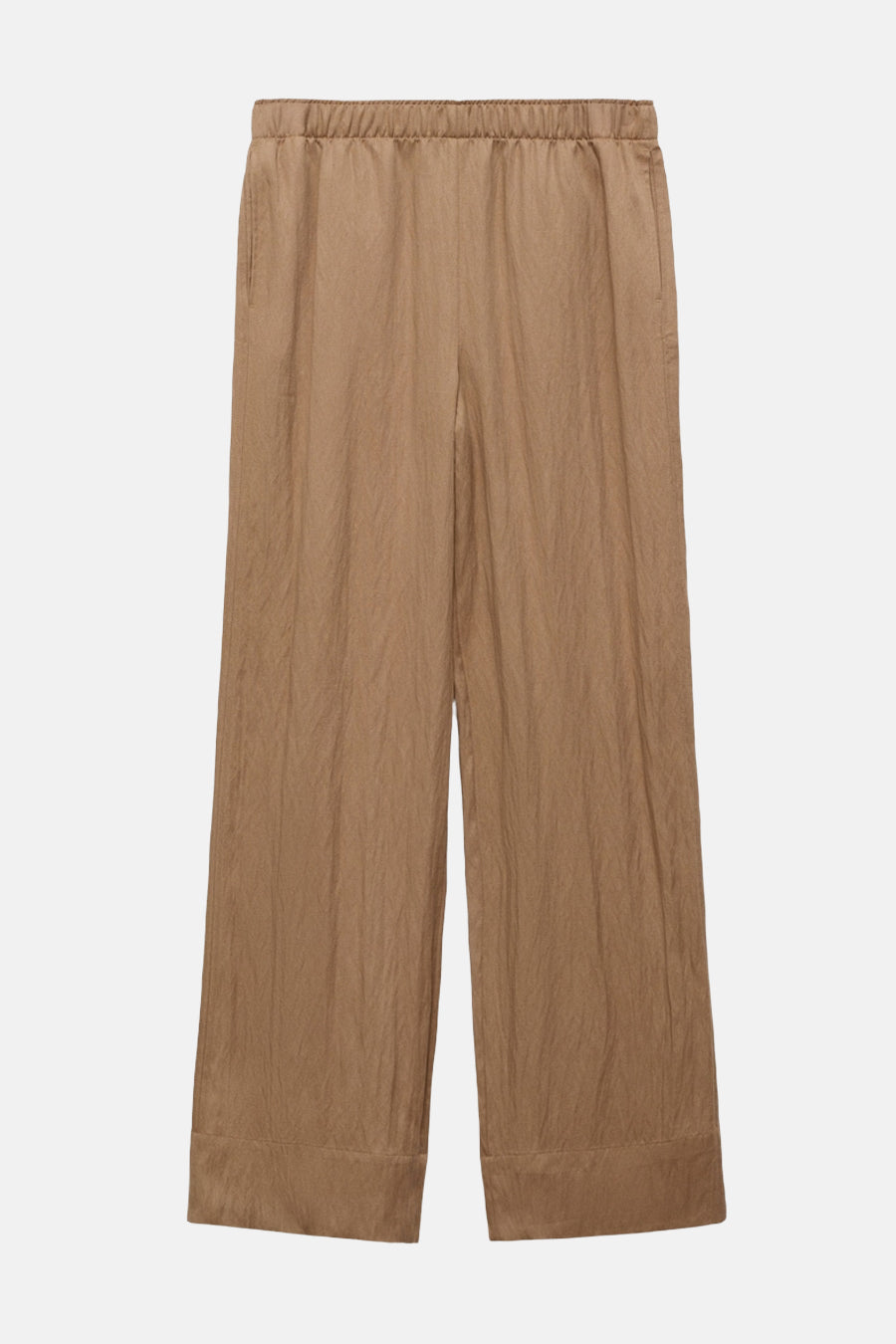 Bruine broek van MANGO, wijd en getextureerd, met elastische tailleband en rechte pasvorm.