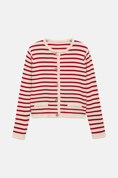 Cardigan rayé rouge et écru de MANGO, avec boutons dorés et poches plaquées.
