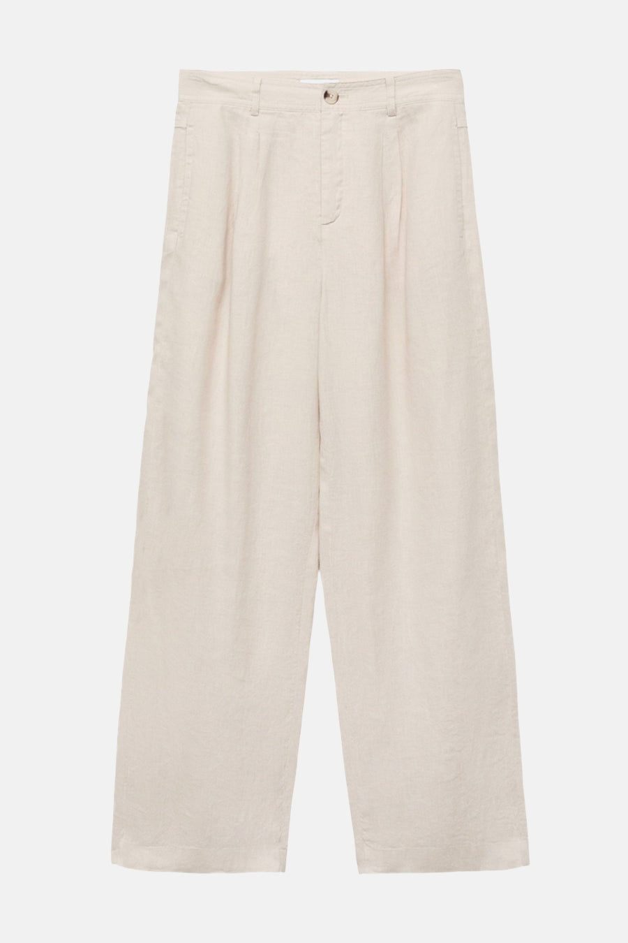 Beige broek van MANGO, wijde pasvorm, kreukelige linnen textuur, duidelijke plooien bij de taille.