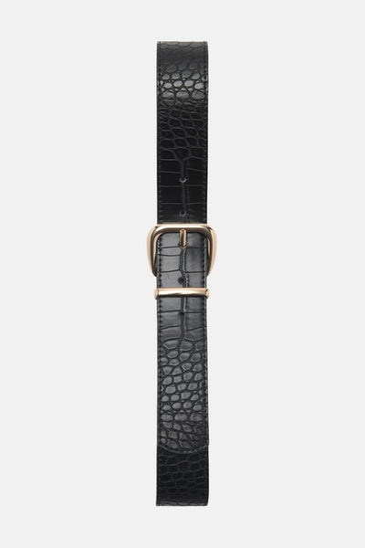 Zwarte riem van imitatieleer van MANGO, met krokodillenpatroon en gouden gesp.