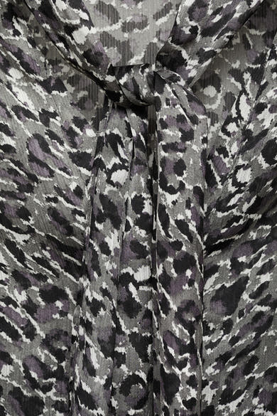 Grijze blouse met lange mouwen van MANGO, met een dierenprint en een decoratieve strik.