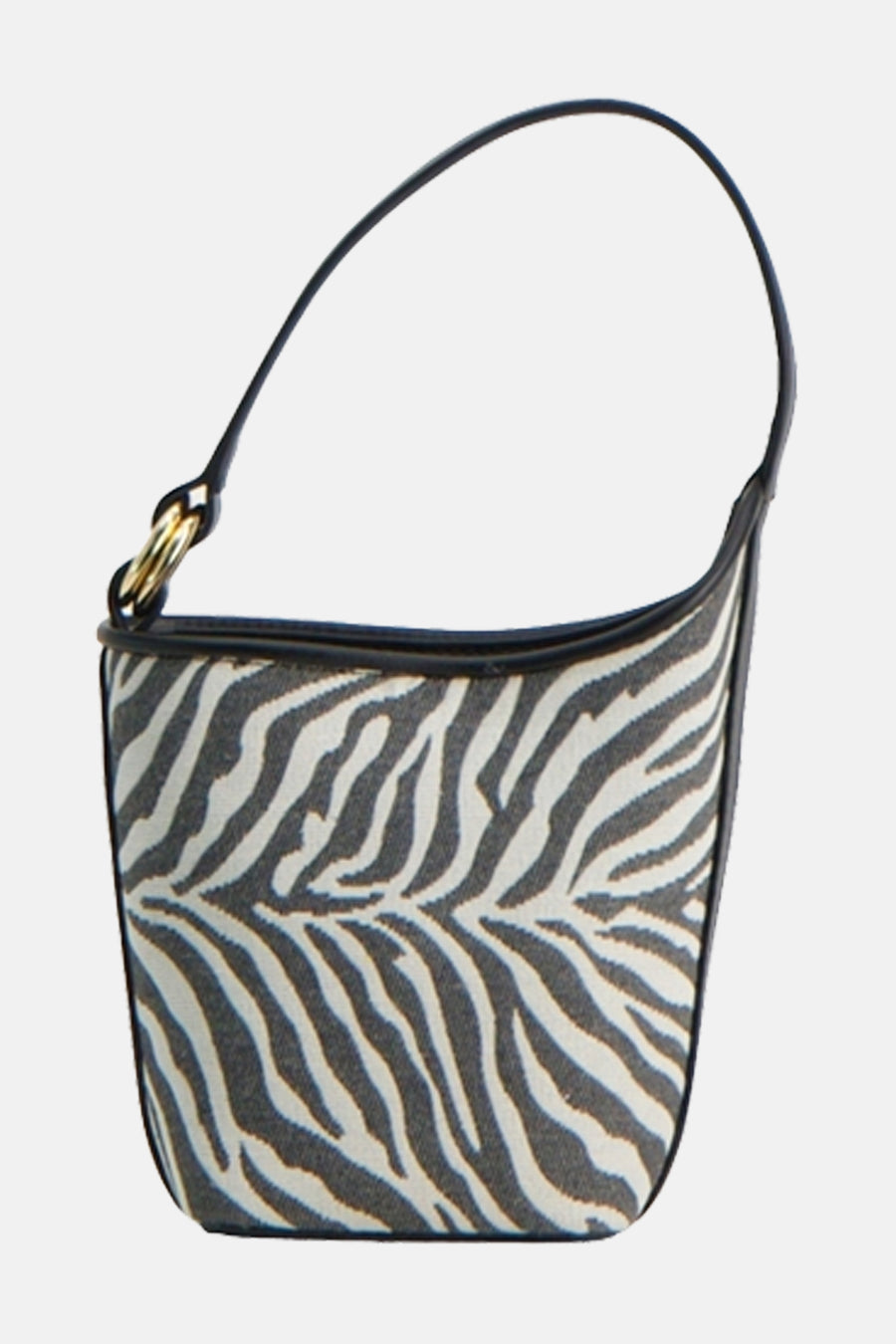 Sac à bandoulière noir par MANGO, avec motif zébré et anse rigide arrondie.
