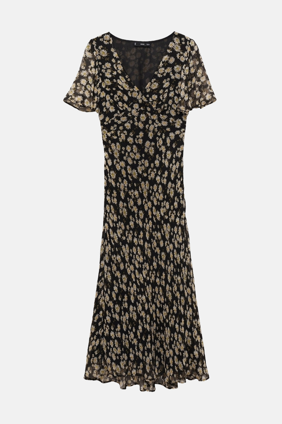 Robe noire à manches courtes de MANGO, imprimée de motifs floraux marguerite sur fond sombre.