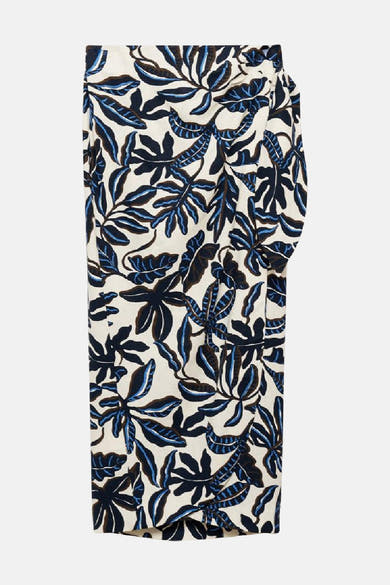 Driekwart rok in meerdere kleuren van MANGO met blauwe en bruine bloemenprint.