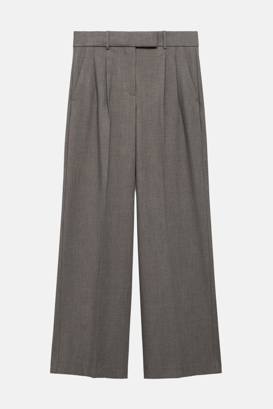 Bruine kostuumbroek van MANGO, wijde pasvorm met plooien aan de taille en zijzakken.