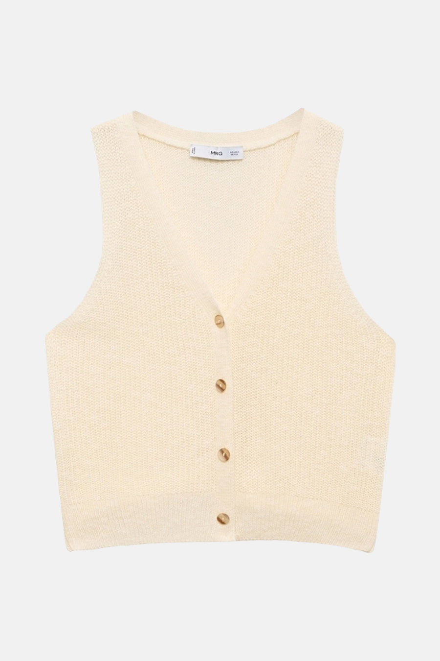 Débardeur écru en maille de MANGO, avec une patte de boutonnage et des boutons marron.