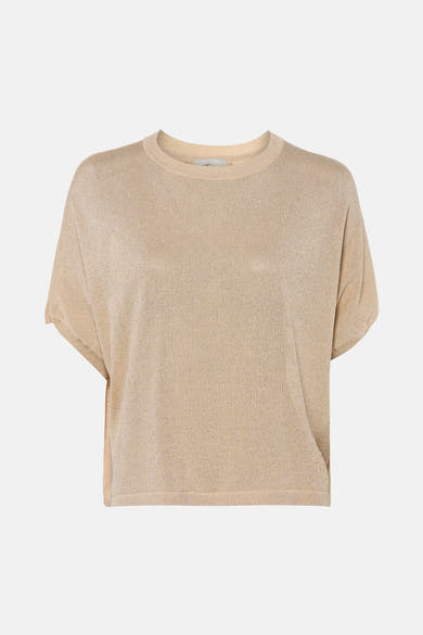 Golden short-sleeve knit t-shirt with ribbed texture and relaxed fit, front view