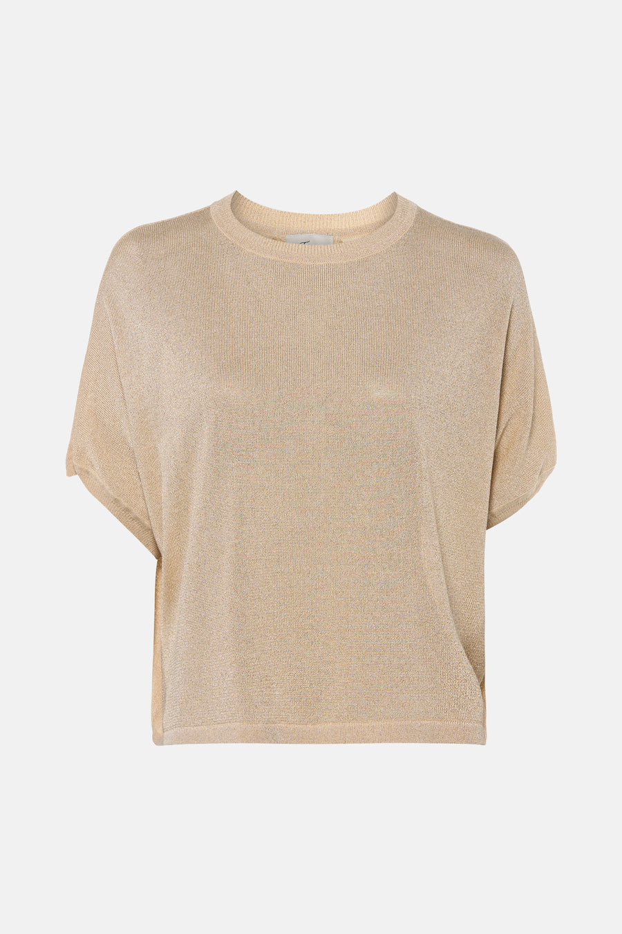 Golden short-sleeve knit t-shirt with ribbed texture and relaxed fit, front view