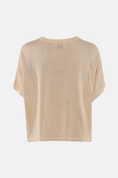 Golden short-sleeve knit t-shirt with ribbed neckline and relaxed fit, back view.