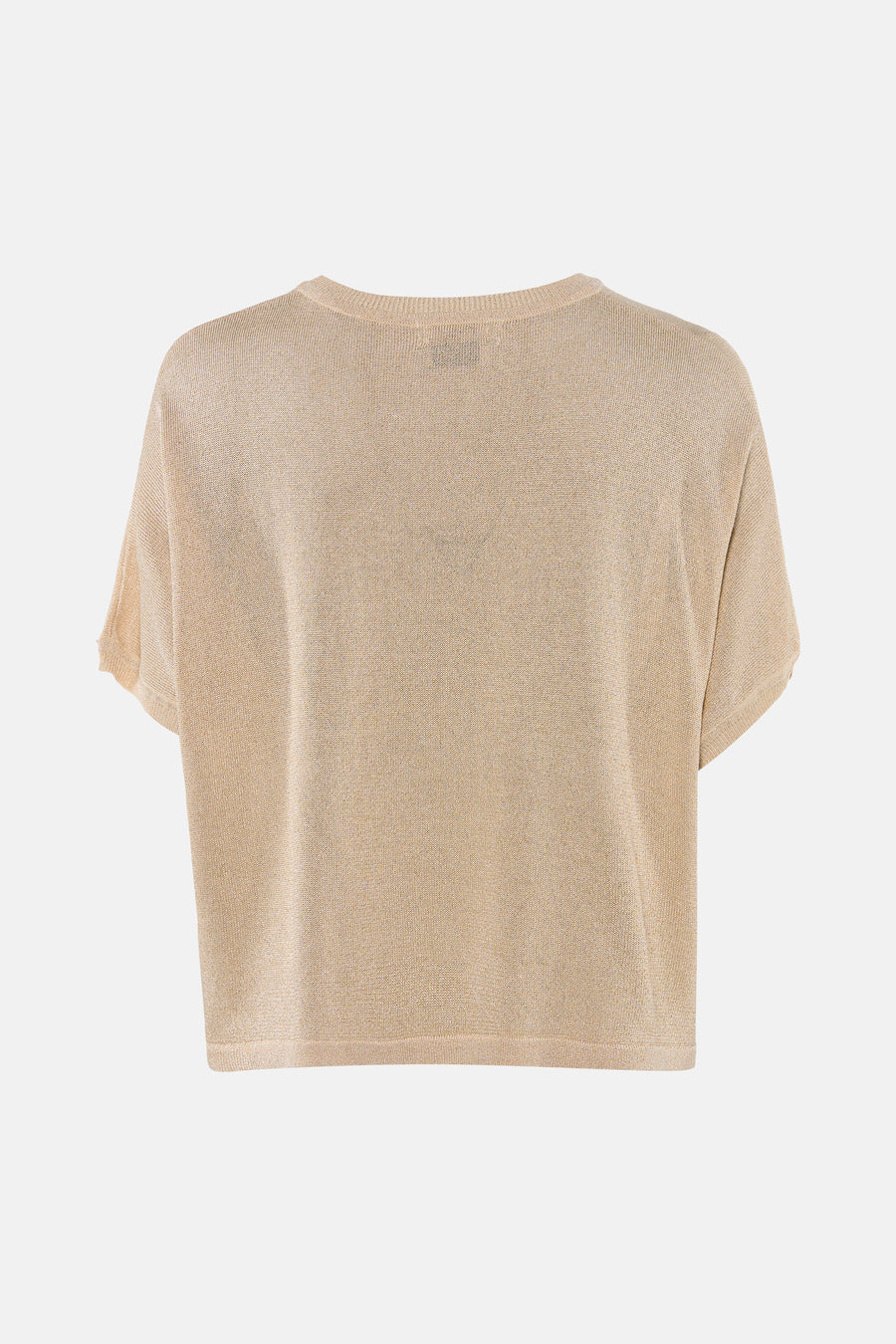 Golden short-sleeve knit t-shirt with ribbed neckline and relaxed fit, back view.