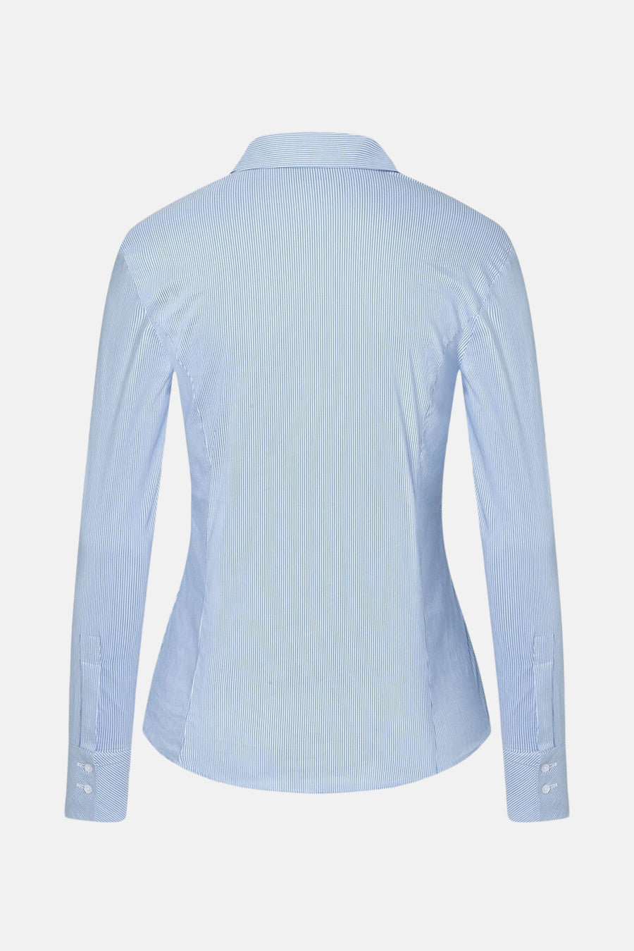 Blouse met lange mouwen in blauwe strepen van More & More, van achteren gezien met knoopsluiting bij de manchetten.